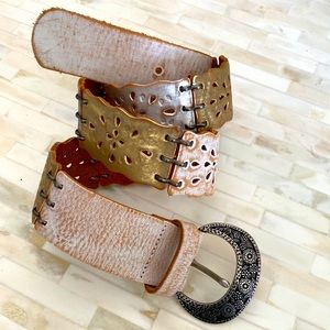 Fossil Distressed Mixed Metallic Tooled Leather Belt Size Medium EUC